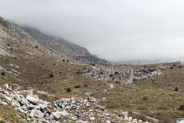 Fototapeta na wymiar Panoramic view to the ruins of ancient city Sagalassos lost in Turkey mountains