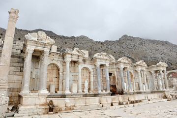 beautiful Antonine Nymphaeum (Fountain) of ancient city Sagalassos in Turkey mountains