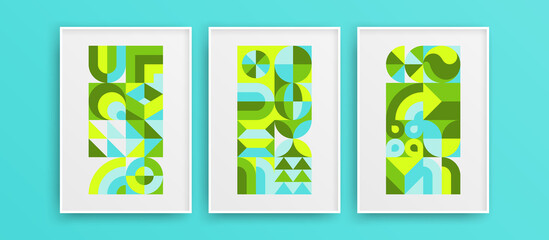 Colorful vivid geometric shapes vector design template set. Original minimalistic wall art artwork composition.