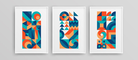 Unique modern wall decor template composition. Fresh multicolored bauhaus shapes vector design concept set.