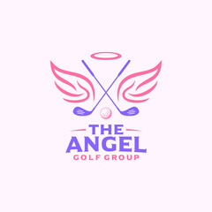 Women Golf club Logo design vector template, with golf stick and angel wing element