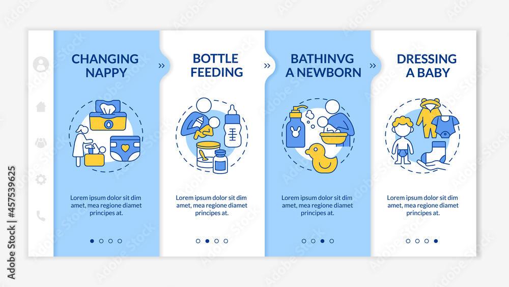 Poster infant care blue and white onboarding vector template. responsive mobile website with icons. web pag