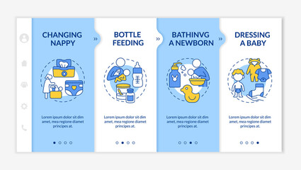 Infant care blue and white onboarding vector template. Responsive mobile website with icons. Web page walkthrough 4 step screens. Mother looking after newborn color concept with linear illustrations