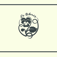 Violet flower with decorative lines. Ex Libris stamp. Logo design. Vector design