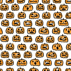 Fototapeta premium Beautiful bright inky orange halloween pumpkin isolated on white background. Cute festive seamless pattern. Vector simple flat graphic hand drawn illustration. Texture.