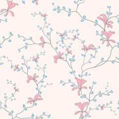 seamless pattern of flowers, branches and leaves
