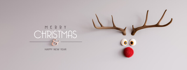Reindeer with red nose and Merry Christmas text on gray background 3D Rendering, 3D Illustration - obrazy, fototapety, plakaty