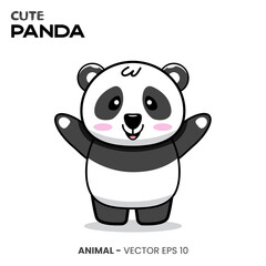 Cute panda character, sweet smile expression with raised hand.
