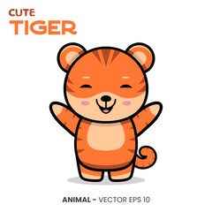 Cute tiger character, sweet smile expression with raised hand.