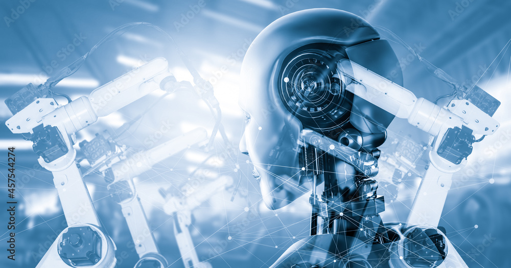 Poster mechanized industry robot and robotic arms double exposure image . concept of artificial intelligenc