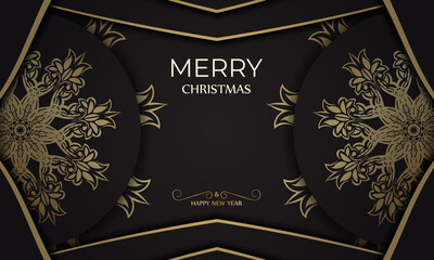 Black happy new year brochure with winter gold ornament