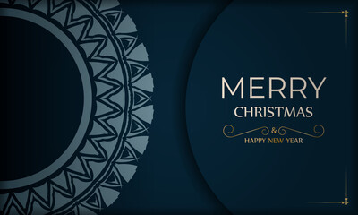 Brochure Merry Christmas and Happy New Year in dark blue color with abstract blue ornament