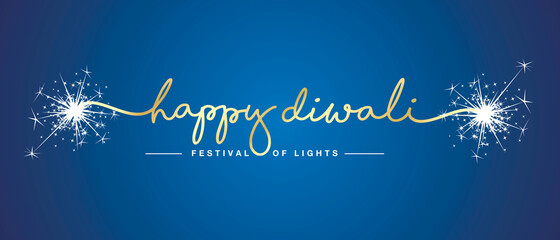 Fototapeta Happy Diwali festival of light gold handwritten calligraphy typography sparkle firework blue background obraz