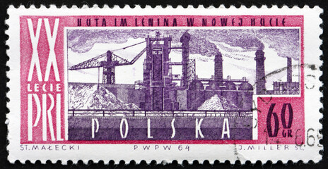 Postage stamp Poland 1964 Lenin metal works, Nowa Huta