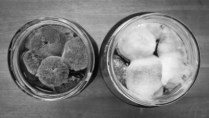 Mold on fig jam in a jar top view. Mold spores on preservation. Spoiled jam in a glass jar. A poisonous mushroom.