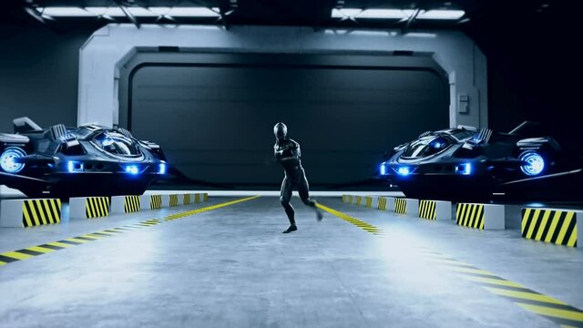 Futuristic military space soldier dance in military space base. Realistic 4k animation.