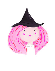 Halloween Witch with Pink Hair and Black Hat