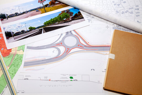Urbanisme - Am&eacute;nagement du territoire - Cartes de plan de masse d'un projet de voirie et giratoire