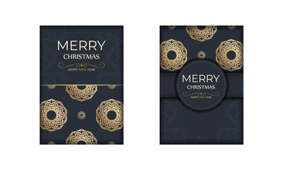Brochure Merry Christmas and Happy New Year in dark blue with winter gold ornaments