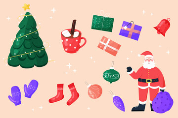 Set of colorful hand drawn Christmas decoration elements, symbols, sticker pack. Modern vector illustration cartoon flat doodle style. Merry Christmas and Happy New Year.