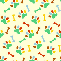 Fototapeta na wymiar Pattern with colored animal footprints and bones. Vector illustration. For packaging, illustrations, covers, fabrics and prints, pet products.