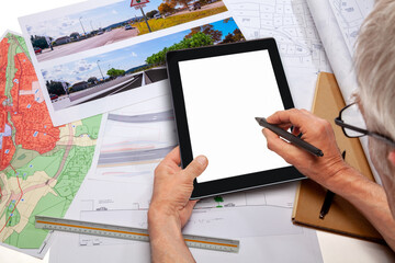 Urbanisme - Aménagement du territoire - technicien tenant une tablette numérique, au dessus de...