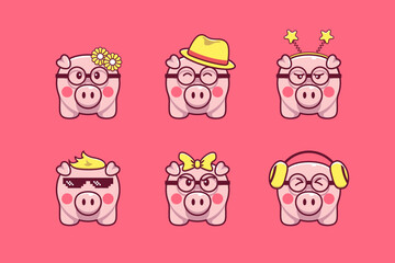 Cute pig illustration set with various accessories and expressions