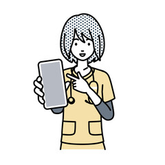 立ってスマートフォンを指差してこちらに向けて見せている看護師の女性