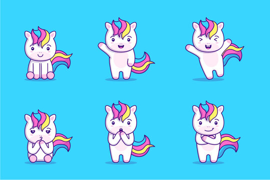 Cute unicorn illustration set with various activities and expressions