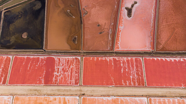 Aerial drone view of some brine salt flats in Andalucia, Spain