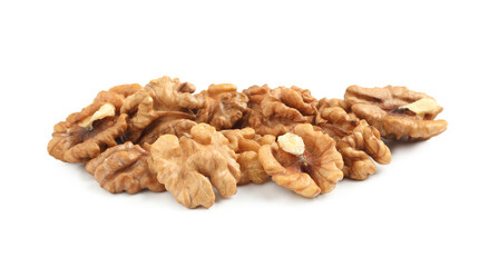 Pile of peeled walnuts on white background