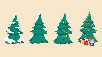Set of green Christmas trees with snow, decorations, and gifts. Vector hand drawn illustration. Celebrating Christmas and New Years in December