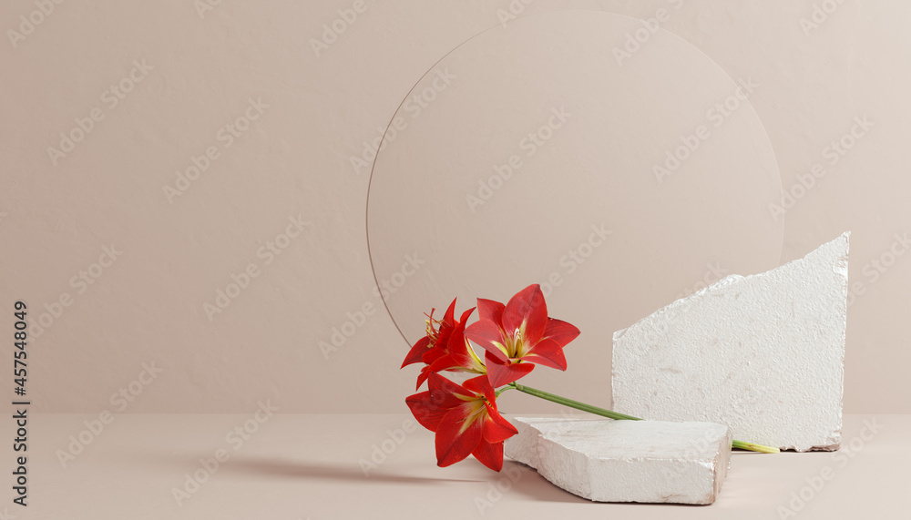Poster pieces of stone slab and red flower – abstract 3d scene for product presentation in beige color. 3d 