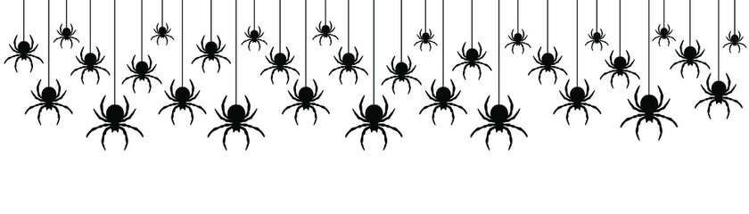 Black spiders hanging on a web.  Vector illustration.