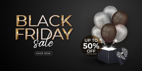 Black friday banner with balloons and gift box template