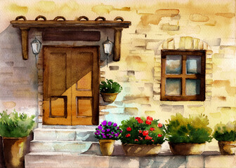 Fototapeta na wymiar Watercolor illustration of the facade of an old European brick house with a porch with a tiled awning, a window and several clay flower pots 