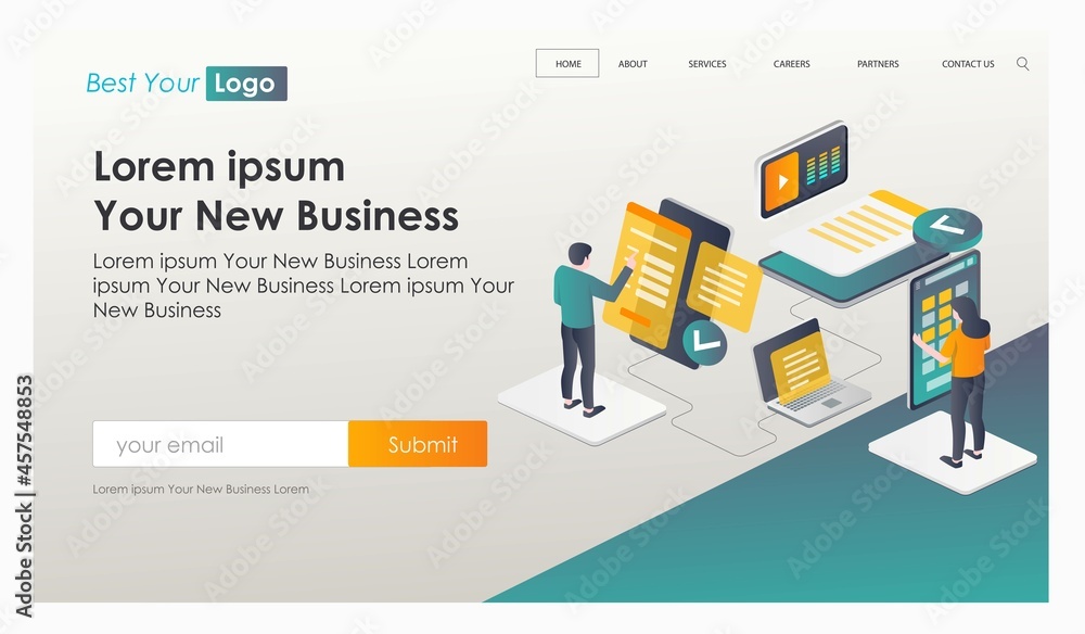 Poster Creating responsive apps and tests in isometric illustration