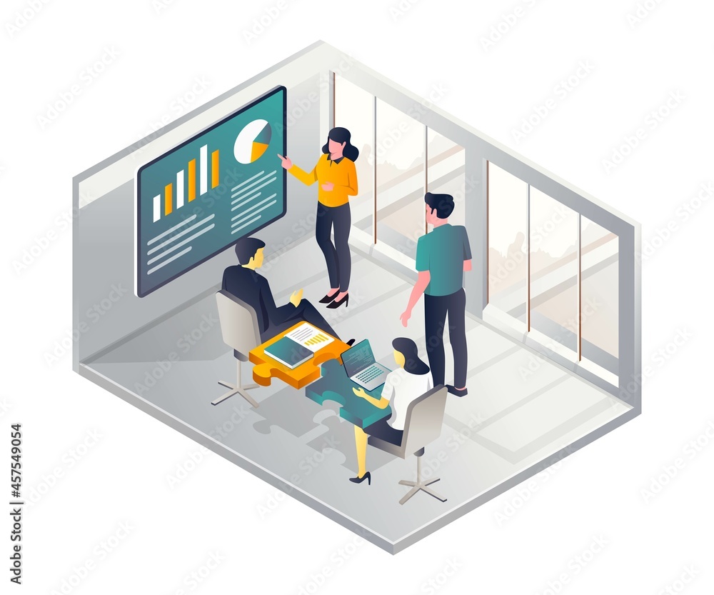 Poster flat isometric illustration concept meeting in the office with a puzzle table