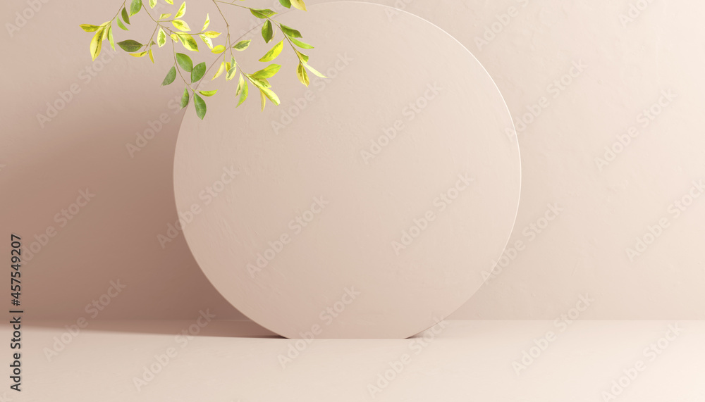 Poster beige product display minimal scene. abstract room with geometric shape and green leaves – object ad