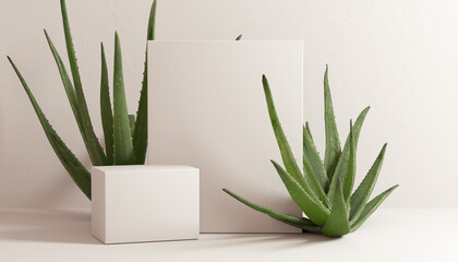 Aloe vera minimal scene cosmetic product presentation template. Beige pastel background with natural plant, leaves for object promotion, 3d rendering. - obrazy, fototapety, plakaty