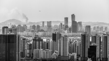 Black and white cityscape of Seoul from the Namsan Mountain, South Korea