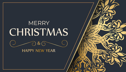 Dark blue happy new year brochure with vintage gold ornament