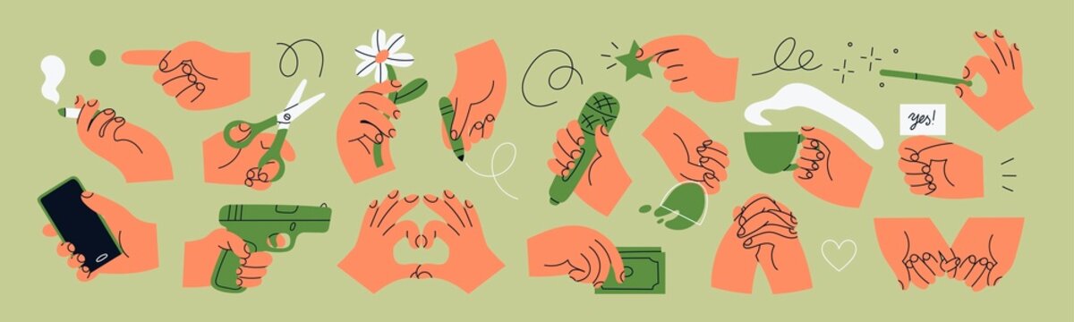 Big set of Colorful Hands holding stuff. Different gestures. Hands with scissors, pen, money, wine glass, phone, cigarette, flower, cup. Hand drawn Vector illustration. All elements are isolated