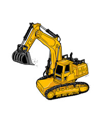 Big yellow excavator construction machine. Vector cartoon illustration