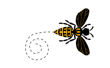 Cartoon bee mascot. A small bees flying on a dotted route. Wasp collection. Vector characters. Incest icon. Template design for invitation, cards. Doodle style