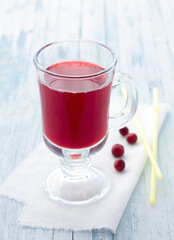 Fresh cranberry juice fruit drink on light blue background
