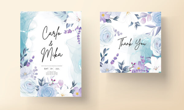 elegant hand drawing ice blue floral wedding invitation card