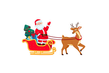 Santa Claus in a red sleigh harnessed to a beautiful reindeer. Gifts, holiday tree. New Year's Eve. Flat style. Isolated on a white background. Celebration. New Year. Christmas. Vector illustration