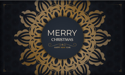 Dark blue happy new year flyer with abstract gold ornament