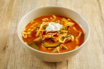 Korean gochujang noodle soup, 'jang kalguksu' - obrazy, fototapety, plakaty